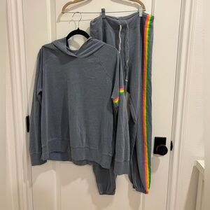 SUNDRY Washed Blue and Rainbow Stripe Sweat Set